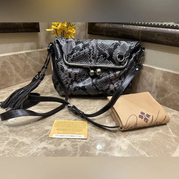 Patricia Nash Leather wide mouth Livata Kisslock Embossed Crossbody Smoke Python - Picture 1 of 16